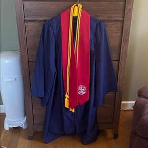 Navy Blue Graduation Gown with Red and Yellow Accents